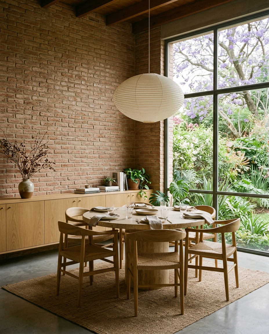 Comedor con pared de ladrillo original, aparador de roble, mesa redonda de travertino y ventanal al jardín
