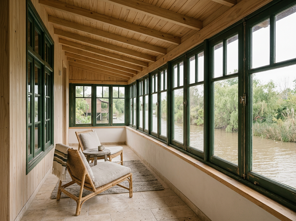Galería vidriada con ventanas de madera verde restauradas, techo de pino con vigas y vista al arroyo del Delta