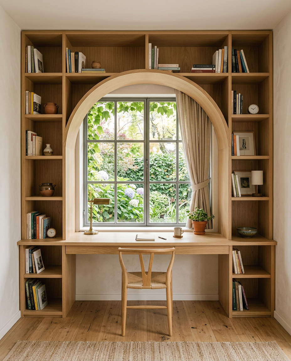 Estudio con biblioteca de roble a medida, escritorio integrado y arco que enmarca una ventana al jardín