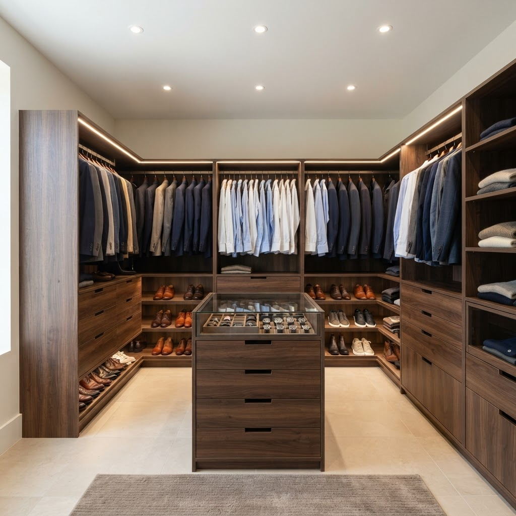 Vestidor en U en MDF con revestimiento nogal, isla con tapa de vidrio y estantes con luz LED