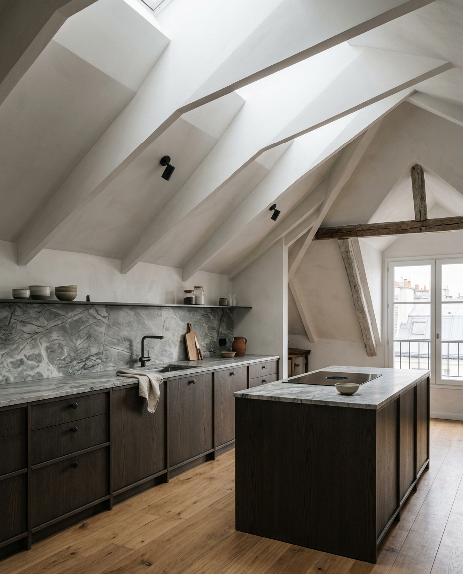 Cocina en altillo con techos facetados blancos, muebles de roble oscuro y mesada de cuarcita gris