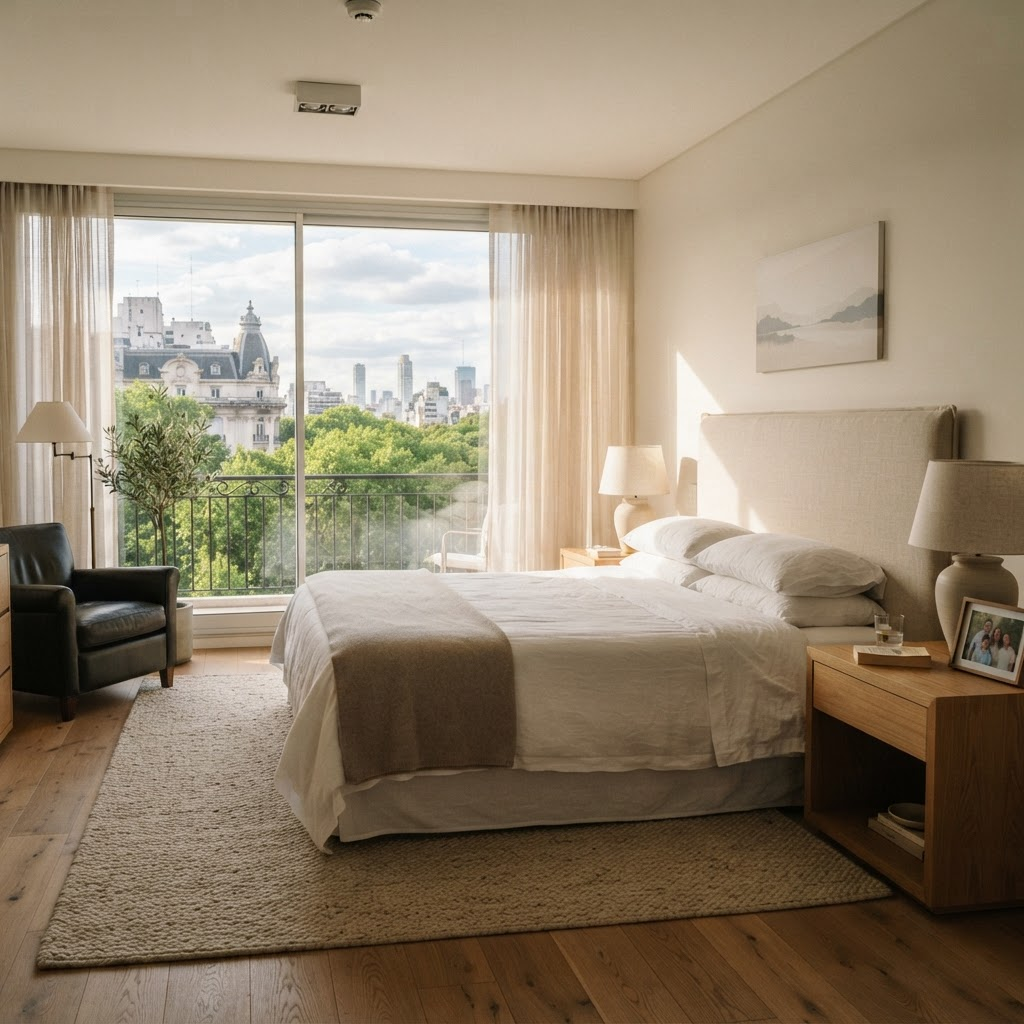 Suite principal con respaldo tapizado en lino, ropa de cama blanca y ventanal hacia los árboles
