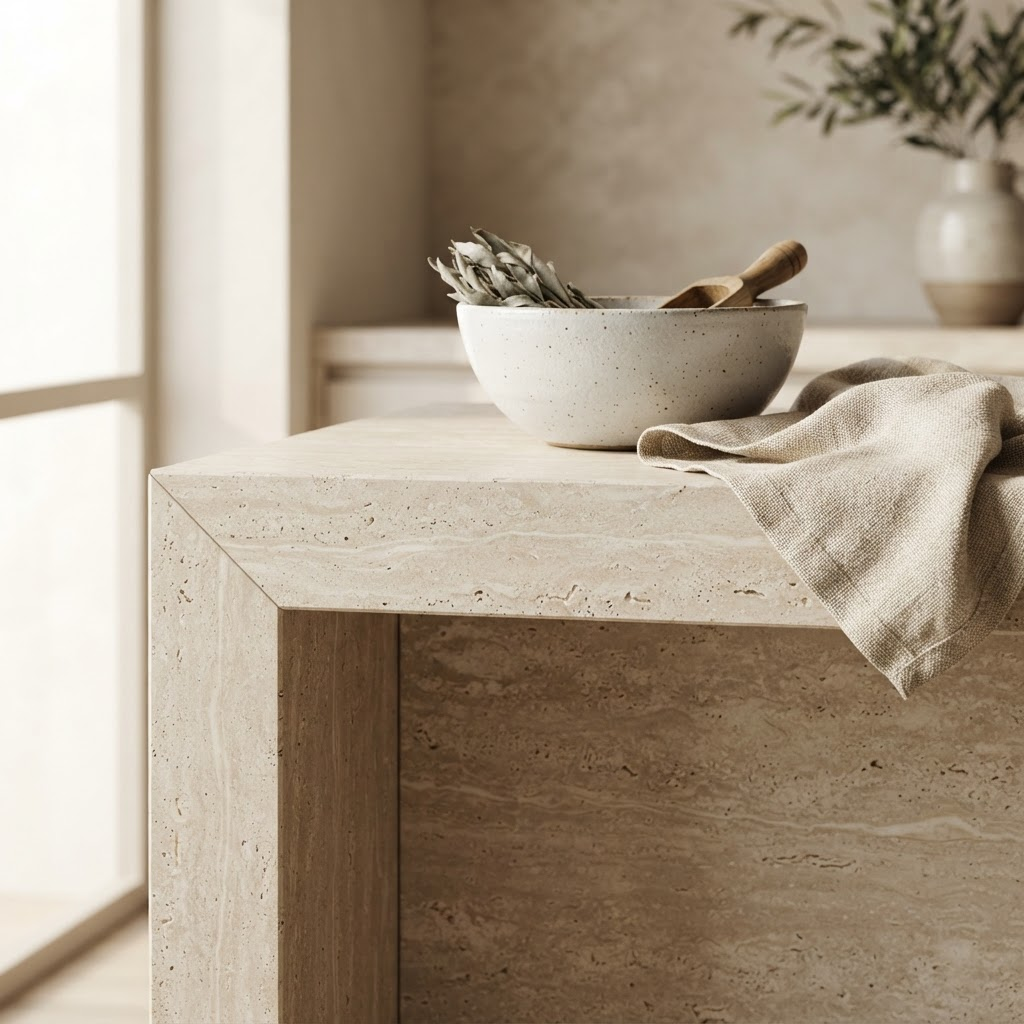 Detalle de isla con canto a inglete en porcelanato travertino arena