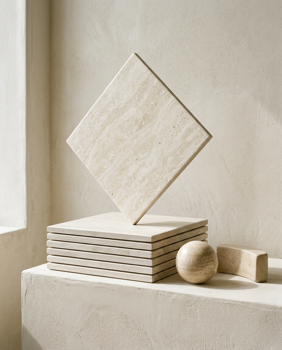 Pila de piezas de porcelanato travertino crema al contraveta con una esfera de piedra