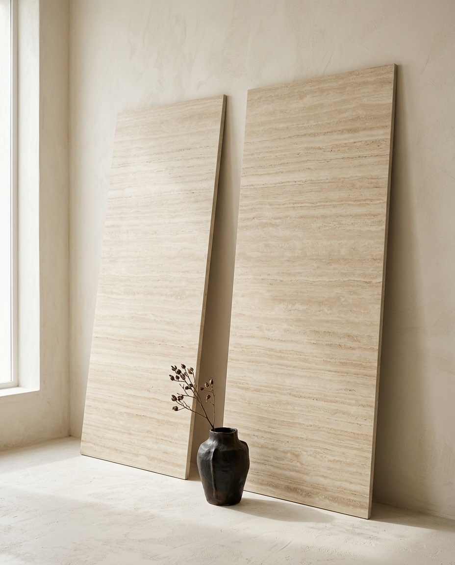 Dos placas de porcelanato travertino marfil de veta lineal apoyadas contra un muro de cal