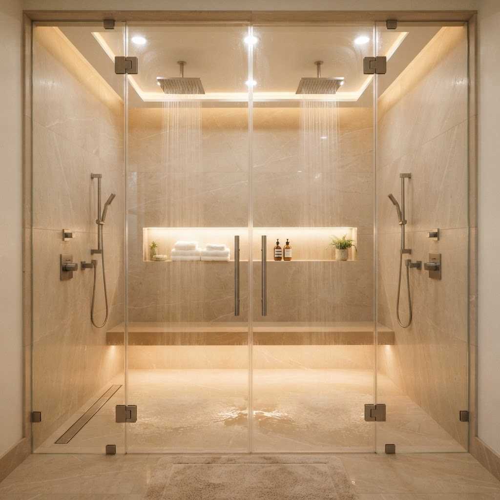 Ducha doble de lluvia en porcelanato beige con mamparas de vidrio y banco flotante iluminado