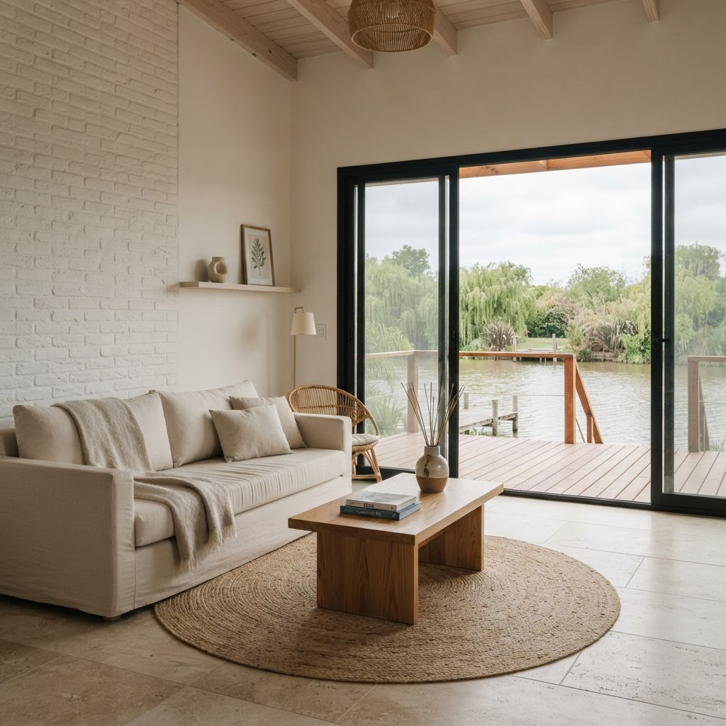 Living con pared de ladrillo blanco, piso de porcelanato travertino y ventanal corredizo hacia un deck sobre el río